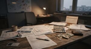 biurko w biurze z dokumentami finansowymi kalkulatorem i pieniedzmi symbolizujaca problemy finansowe firmy i zalegle pensje